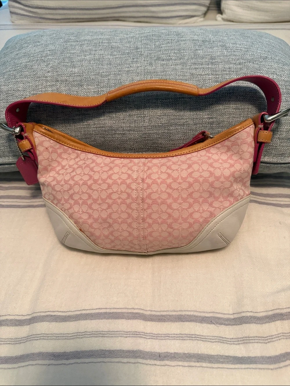 Coach Pink Signature Canvas Hobo with Tan & White Accents